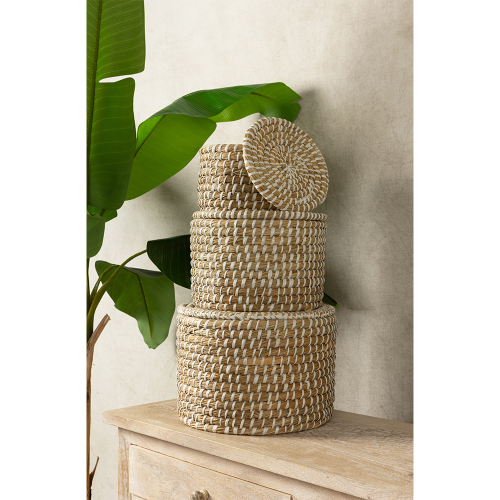 NILE BOX ΚΑΛΑΘΙ ΜΕ ΚΑΠΑΚΙ SET 3ΤΜΧ 35x35x25cm KANSGRASS ΦΥΣΙΚΟ ΛΕΥΚΟ PVC - Image 2