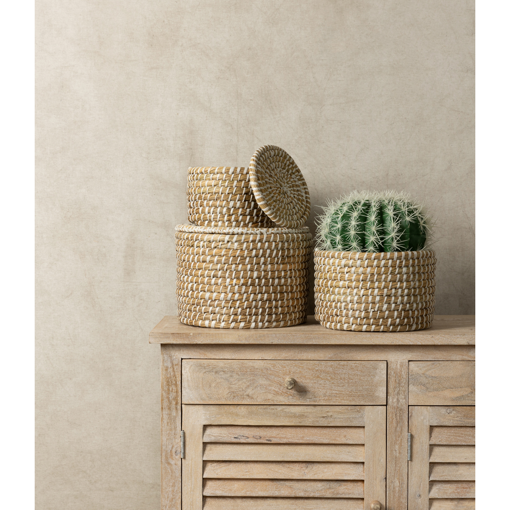 NILE BOX ΚΑΛΑΘΙ ΜΕ ΚΑΠΑΚΙ SET 3ΤΜΧ 35x35x25cm KANSGRASS ΦΥΣΙΚΟ ΛΕΥΚΟ PVC - Image 3