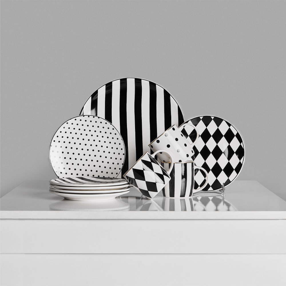 JOLIE ΠΙΑΤΟ ΓΛΥΚΟΥ SET 7ΤΜΧ 30x30x3 NEW BONE CHINA ΛΕΥΚΟ ΜΑΥΡΟ - Image 2