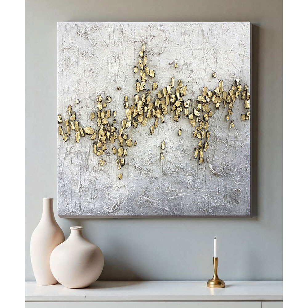 GOLD TRAIL ΠΙΝΑΚΑΣ ΔΙΑΚΟΣΜΗΣΗΣ 100x100x4 OIL ACRYLIC ΛΕΥΚΟ ΓΚΡΙ ΧΡΥΣΟ ΚΑΜΒΑΣ - Image 2