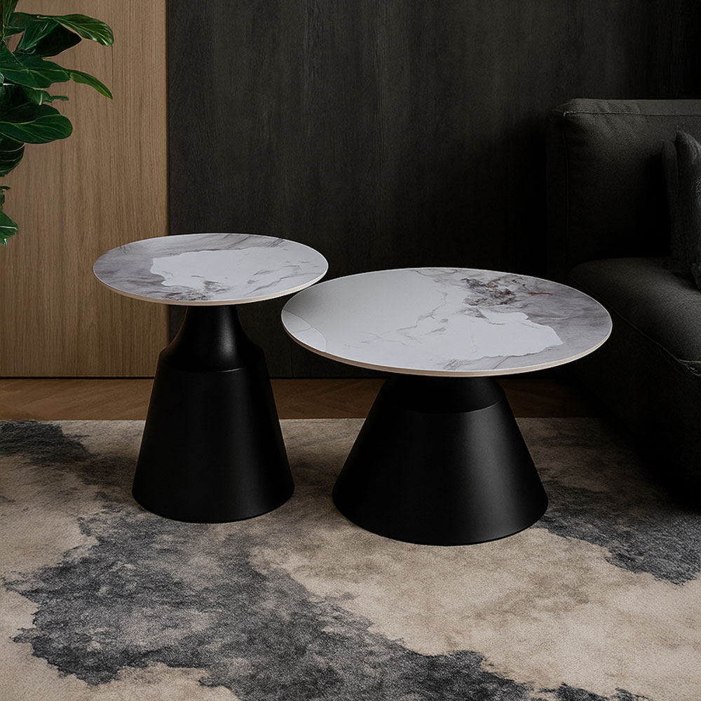 ATRIUM COFFEE TABLE SET 2ΤΕΜ ΛΕΥΚΟ ΜΕ ΟΨΗ ΜΑΡΜΑΡΟΥ ΜΑΥΡΟ 70x70x38cm - Image 2