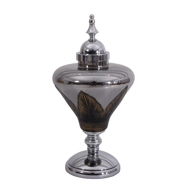 ΓΥΑΛΙΝΟ ΒΑΖΟ ΜΕ ΚΑΠΑΚΙ ΚΑΙ ΜΕΤΑΛΛΙΚΟ ΠΟΔΙ FL104 ΜΑΥΡΟ-ΑΣΗΜΙ ΧΡΩΜΑ 25x50εκ