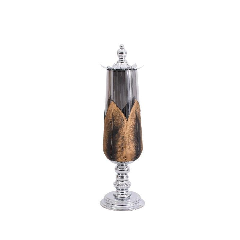 ΓΥΑΛΙΝΟ ΒΑΖΟ ΜΕ ΚΑΠΑΚΙ ΚΑΙ ΜΕΤΑΛΛΙΚΟ ΠΟΔΙ FL106 ΜΑΥΡΟ-ΑΣΗΜΙ ΧΡΩΜΑ 14x50εκ