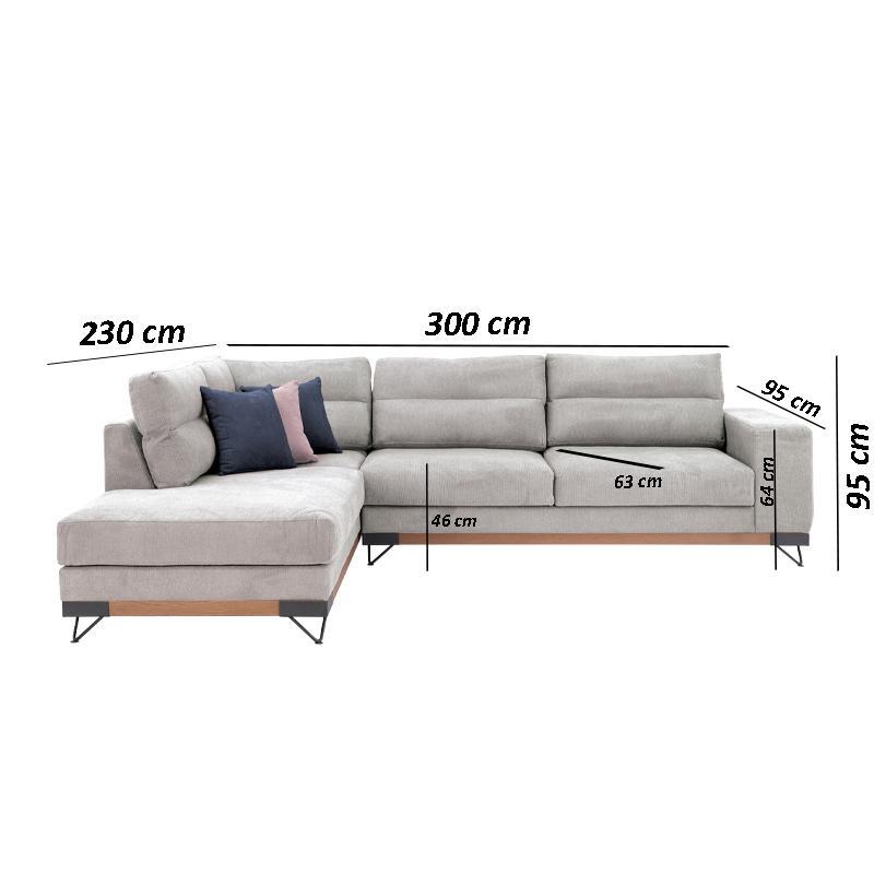 ΚΑΝΑΠΕΣ New Monaco ΑΡΙΣΤΕΡΗ ΓΩΝΙΑ ΓΚΡΙ ΑΝΟΙΧΤΟ 300x230x95εκ - Image 3