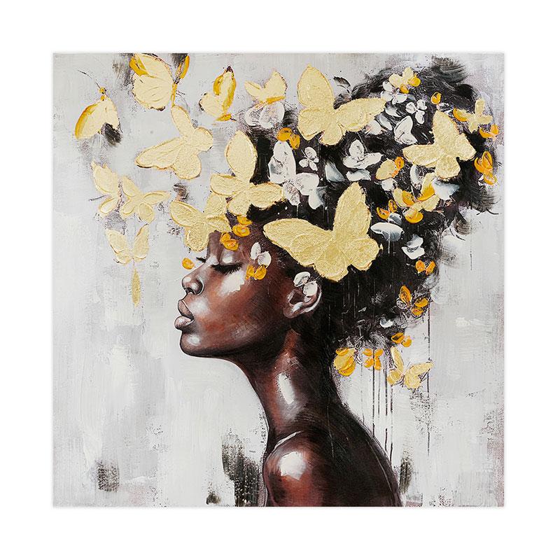 ΠΙΝΑΚΑΣ ΣΕ ΚΑΜΒΑ "Woman with butterflies" ΚΑΦΕ-ΚΙΤΡΙΝΟ-ΜΑΥΡΟ-ΓΚΡΙ 100x3x100εκ