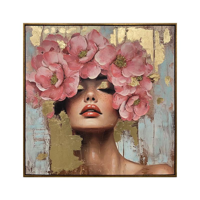 ΠΙΝΑΚΑΣ ΣΕ ΚΑΜΒΑ "Woman with flowers 37220" ΜΠΕΖ-ΡΟΖ-ΛΕΥΚΟ 80x4x80εκ