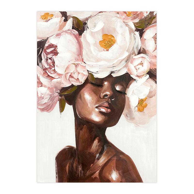 ΠΙΝΑΚΑΣ ΣΕ ΚΑΜΒΑ "Woman with flowers" ΚΑΦΕ-ΜΠΕΖ-ΡΟΖ-ΛΕΥΚΟ 70x3x100εκ