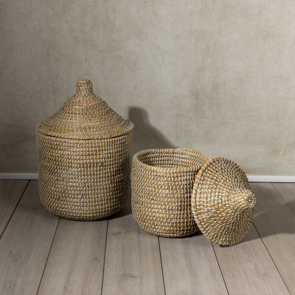 NILE ROUND ΚΑΛΑΘΙ ΜΕ ΚΑΠΑΚΙ SET 2ΤΜΧ 37x37x38cm KANSGRASS ΦΥΣΙΚΟ ΛΕΥΚΟ PVC - Image 3